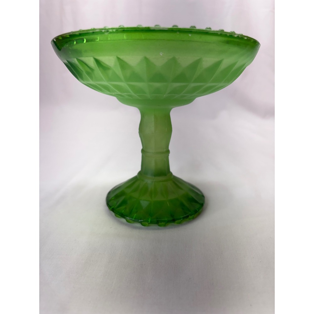 Vtg Jeannette Glass "Windsor" Pattern Pedestal Compote Dish Green Frosted Satin